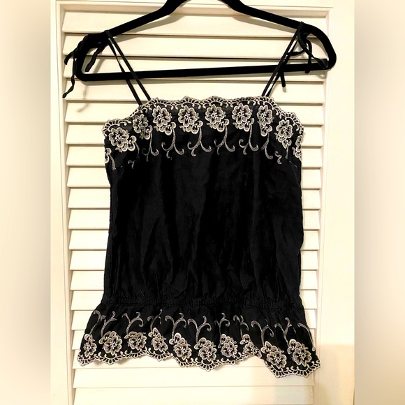 VTG Y2K Forever 21 Black Halter Tie Shoulder White Pansies Floral Embroidery S - Picture 1 of 10